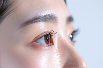 日本人女性の目元のパーツのアップ写真（白背景・美肌・クローズアップ）