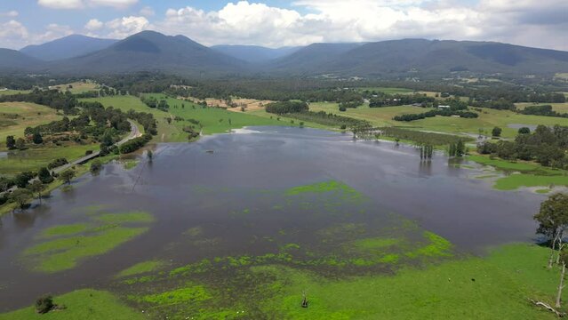 Flooded farmland in countryside by drone in Australia