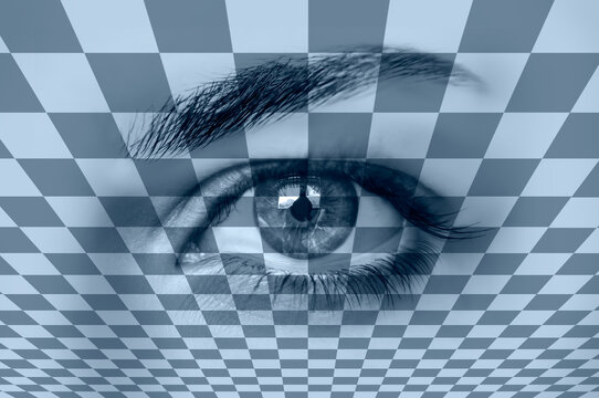 Fototapeta Surreal eye of a young girl covering geometric background with checkered texture - Abstract illusion