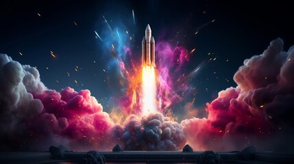 Vibrant rocket launch creatively depicted with a burst of pink particles - obrazy, fototapety, plakaty