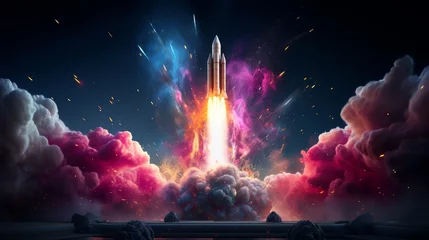 Foto op Plexiglas Vibrant rocket launch creatively depicted with a burst of pink particles © Malika