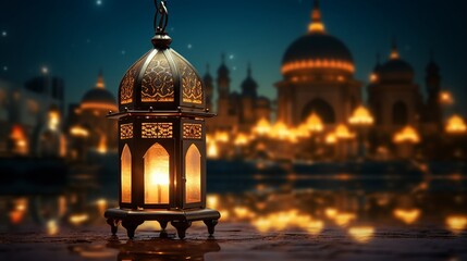Fototapeta na wymiar Enchanting night view of an illuminated lantern with an islamic mosque backdrop, evoking tranquility