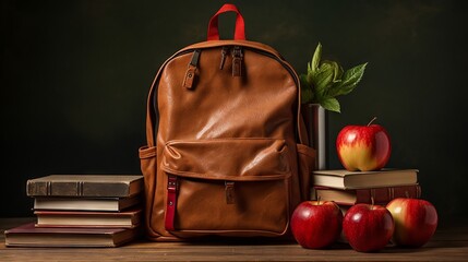 The essentials of education, a backpack, books, and an apple symbolizing readiness to learn