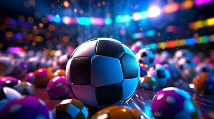 Dynamic representation of various sports balls with a digital, futuristic stadium background - obrazy, fototapety, plakaty