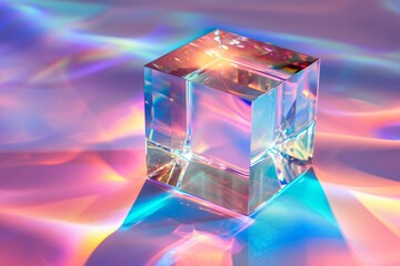 3d crystal glass cube with refraction and holograph