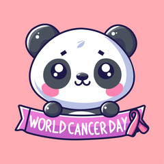 World Cancer Day. Cute cartoon panda with ribbon. Vector illustration.