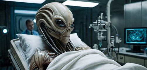 an extraterrestrial, an alien wakes up in a hospital bed, hospital or research laboratory, arrival of aliens and experiments or medical care after crash landing and first contact