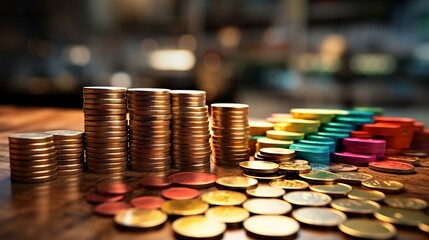 Full shopping cart against the backdrop of increasing stacks of coins, depicting economic trends