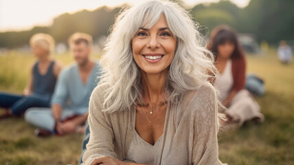 a mature woman or elderly woman, sitting on a meadow or city park or in the garden, with many other friends or group, satisfied joyful smile and good mood in nature, fictional place
