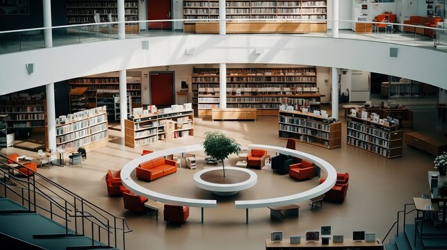 Serene and scholarly ambiance in a modern library, perfect for intellectual pursuits and lifelong learning