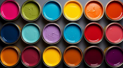 Open paint cans with vibrant colors and a palette guide, ready for a creative interior makeover