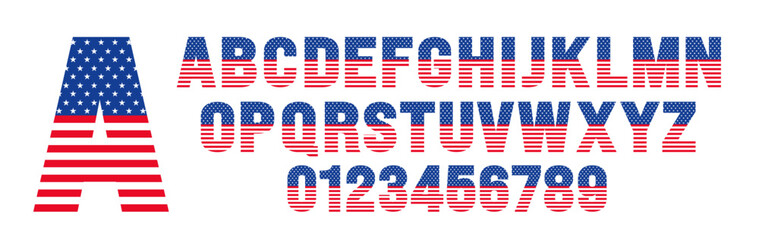 USA flag flat style alphabet letter font and number design set. alphabet typography American Flag style.  4th Of July USA independence and memorial day united states of America flag font design. © Neelrong