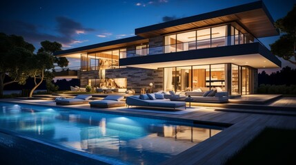 Fototapeta na wymiar Modern architecture meets tranquil nature in this stunning poolside evening scene