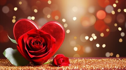 Card or banner on Valentine's Day in gold with a red rose in the shape of a heart on a red background and circles in bokeh effect. valentine love woman and man winter png like style