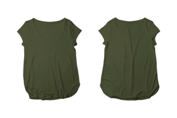 Blank Army Green Women Cotton Wide Neck Short Sleeve Tee Template: Colored Wide Neck T-shirt Mockup with Front and Back Views.