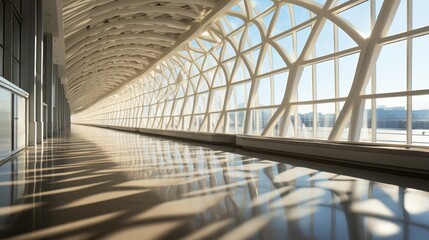 Sunshine filters through a modern airport jet bridge, promising the excitement of travel