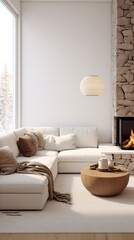 Fototapeta na wymiar White corner sofa near fireplace. Scandinavian home interior design of modern living room