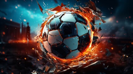 Naklejka premium High-energy sports and technology collision, featuring a soccer ball and shattered digital effects