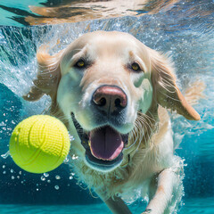 Joyous Splash: Golden Retrievers Chasing a Tennis Ball in Sunlit Water