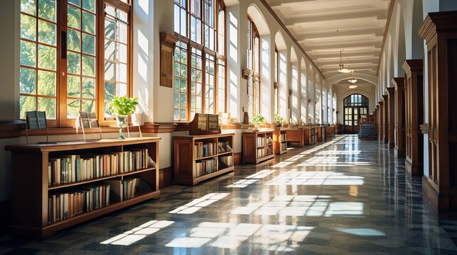 Sunlit corridors of a quiet library, lined with rich literature, offering peace and academic inspiration
