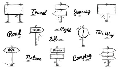 Wooden Signpost Icons Set - Different Simple Travel Doodle Vector Illustrations Isolated On White Background - obrazy, fototapety, plakaty