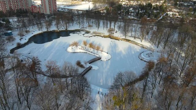 Aerial View Of Park In Bytom City, Poland. Winter Season.