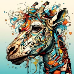 Abstract giraffe head close up with tangled doodle elements. Full color illustration. generative ai
