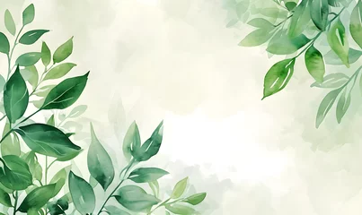 Foto op Canvas Green leaves watercolor background invitation template, Generative AI © simba kim