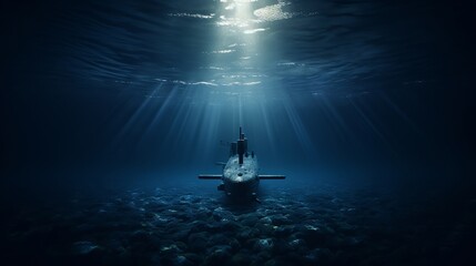 A lone submarine ventures into the blue abyss, a symbol of marine discovery - obrazy, fototapety, plakaty