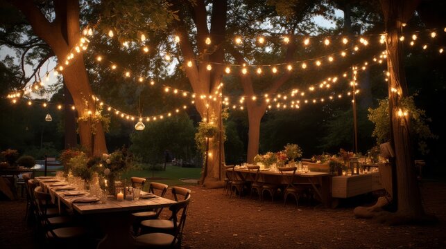 String lights add a magical twinkle to a tranquil evening under the trees
