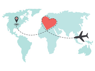 An airplane flies over a world map. Dotted line route in the shape of a heart to the flight location. Concept of love for travel, honeymoon.