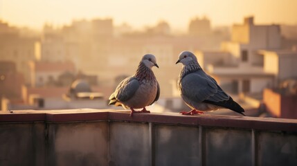 The simplicity of city life reflected in two pigeons sharing a moment on a sunlit roof