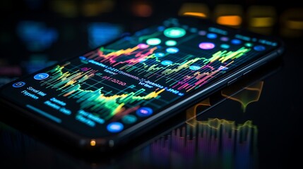 Burst of stock market activity illustrated on a digital interface above a phone