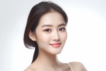 Obraz premium Young and beautiful Korean female model with flawless healthy skin for female skin care promotion and ads. Hydration beauty flawless skin. Closeup face beauty portrait isolated on white background. 