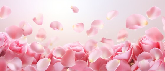 Petals of pink rose gentle background. flying petals for romantic banner design. - obrazy, fototapety, plakaty