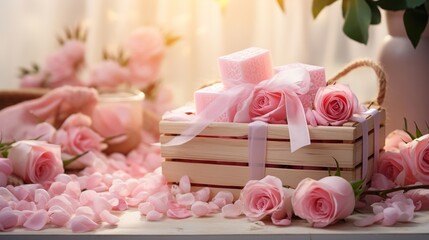 Fototapeta na wymiar Gift of soap adorned with a pink ribbon beside a basket of handcrafted roses