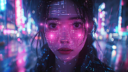 A Young Asian Woman Standing in a City Street at Night With a Digital Pattern Projected Onto Her Face