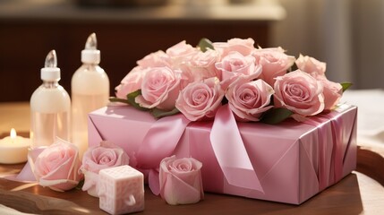 Artisanal beauty care package with soap and pink roses for a touch of luxury