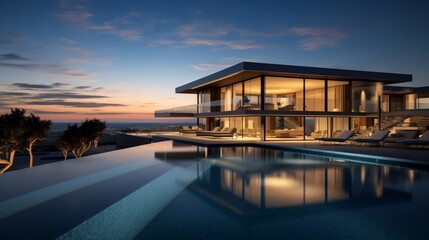 Modern architecture meets tranquil nature in this stunning poolside evening scene - obrazy, fototapety, plakaty