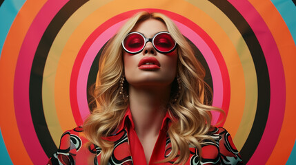 Stylish woman in sunglasses with vivid retro background