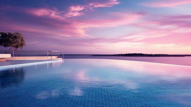 Twilight serenity at a luxurious infinity pool overlooking a calm sea