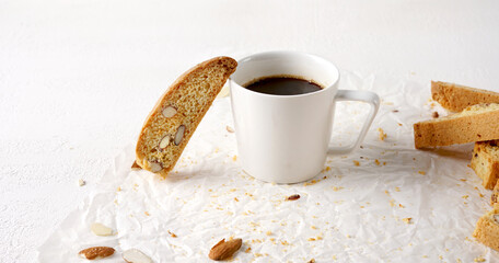 Cantucci and coffee. Italian double baked cookies (biscotti) and a cup of morning coffee