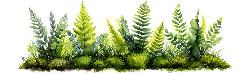Watercolor painting of lush green ferns and foliage, showcasing vibrant diversity against, isolated on transparent or white background
