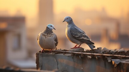 Pair of pigeons rest on a rustic rooftop, a snapshot of urban wildlife - obrazy, fototapety, plakaty