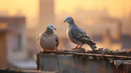 Foto op Aluminium Pair of pigeons rest on a rustic rooftop, a snapshot of urban wildlife © Malika