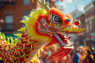 Chinese dragon dances in vibrant parade, a festive and colorful display of mythical celebration.