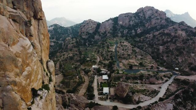 Aerial drone captures small village in Alshafa Valley, Taif, Saudi Arabia
