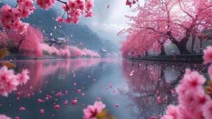 Tranquil scene of Sakura trees in full bloom along a peaceful river, petals gently falling, serene