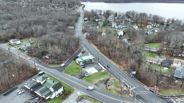 Aerial footage of the cars driving on the roads in Budd Lake town in New Jersey, USA