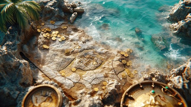 Rustic pirate treasure map leading to a beach, with X marking the spot, surrounded by golden coins and jewels in the sand